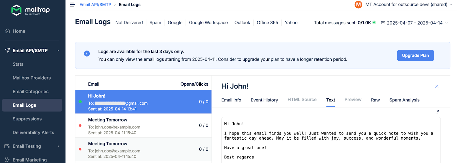 Mailtrap Email Logs dashboard showing delivered email with Hi John subject and metadata