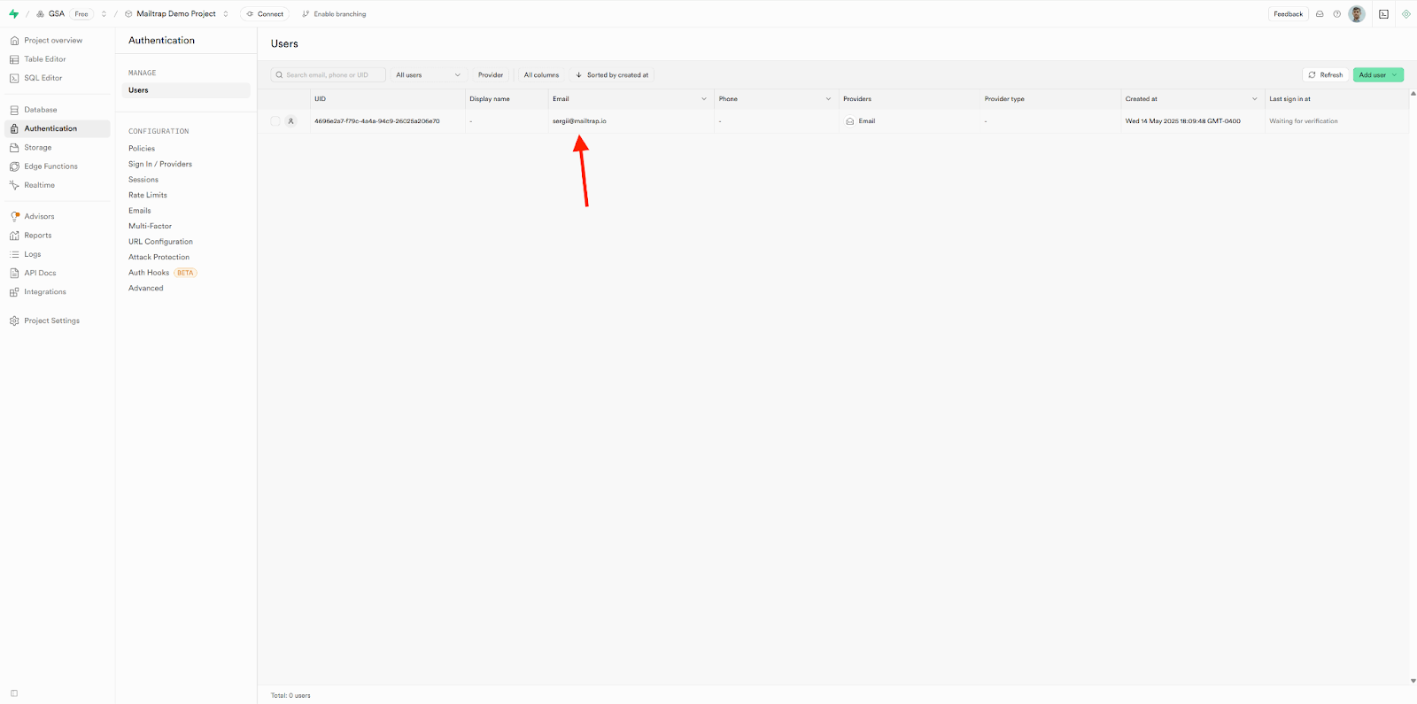 Supabase Authentication Users page showing newly created user in table
