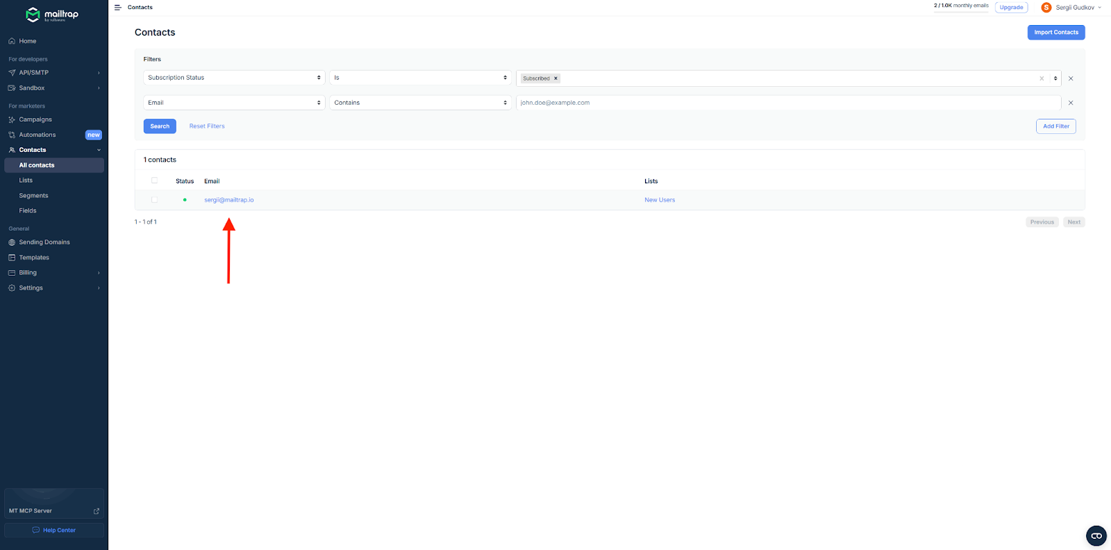 Mailtrap Contacts page showing newly synced contact with email address