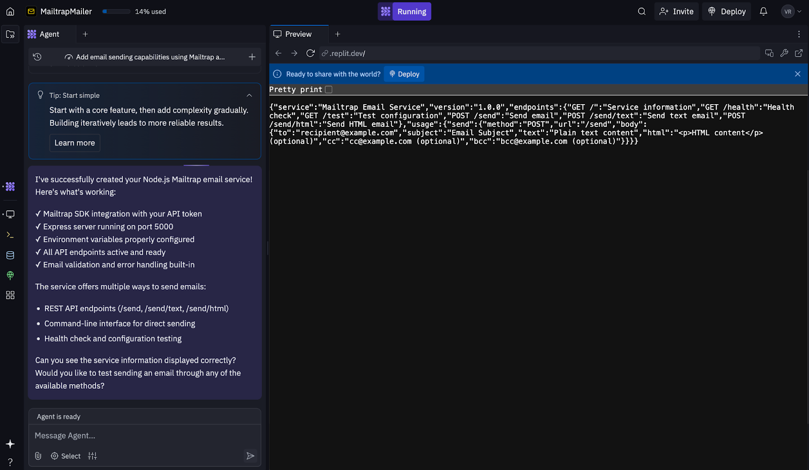 Replit Agent generating email sending code from prompt