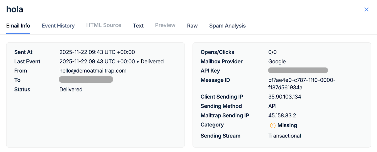 Mailtrap Email Logs showing sent email details from Retool