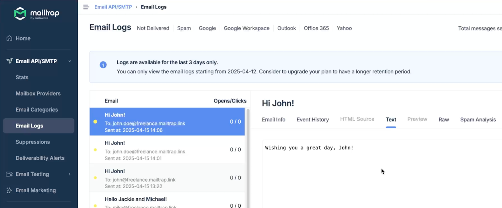 Mailtrap Email Logs tab showing the Hi John email with delivery details and email status