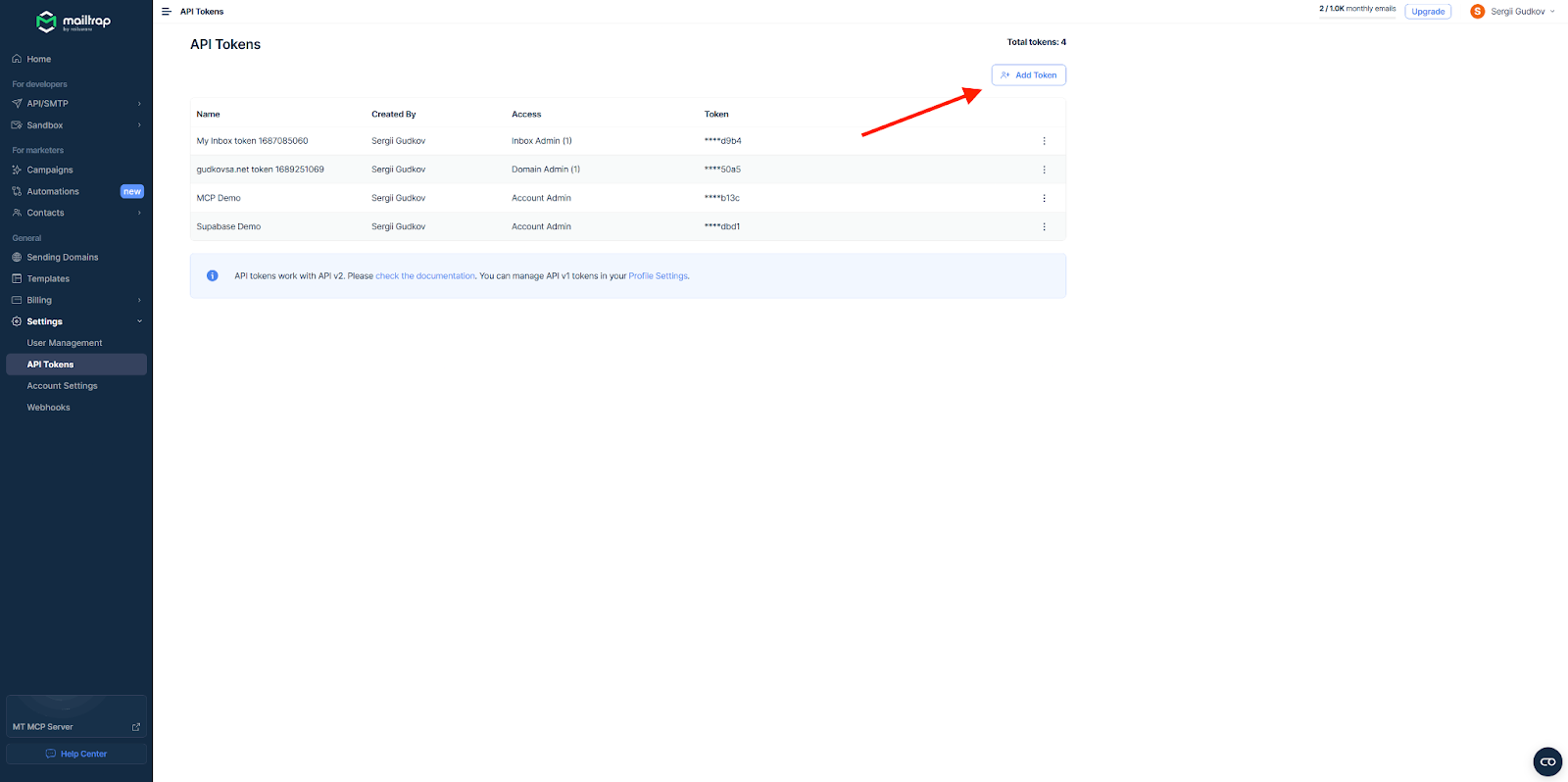 Mailtrap Settings page showing API Tokens section with Add Token button highlighted