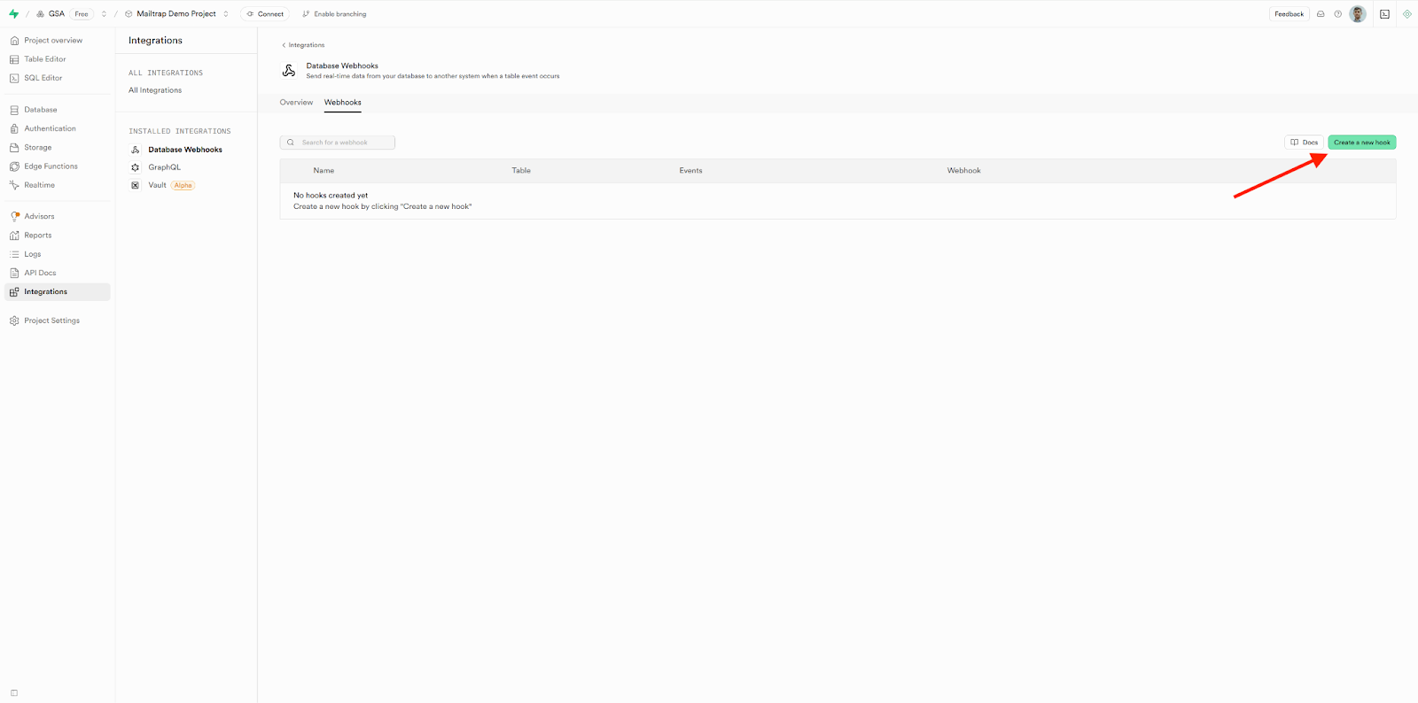 Supabase Database page with Webhooks section and Create a new hook button