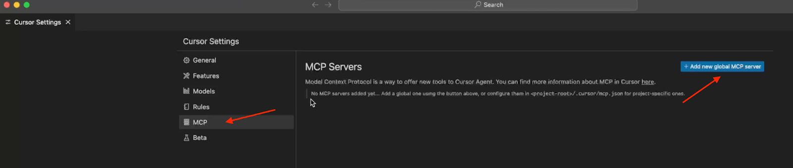 Cursor Settings window displaying MCP Servers section with Add new global MCP server button