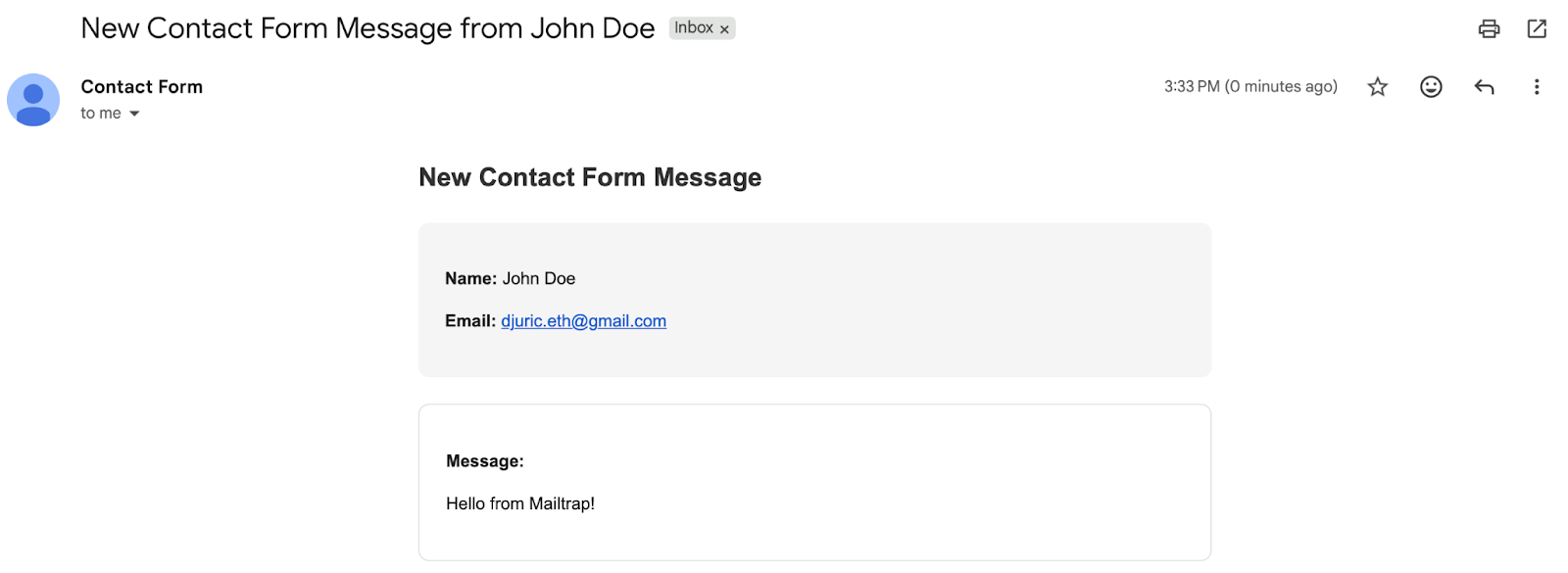 Gmail inbox showing received email from Anything contact form