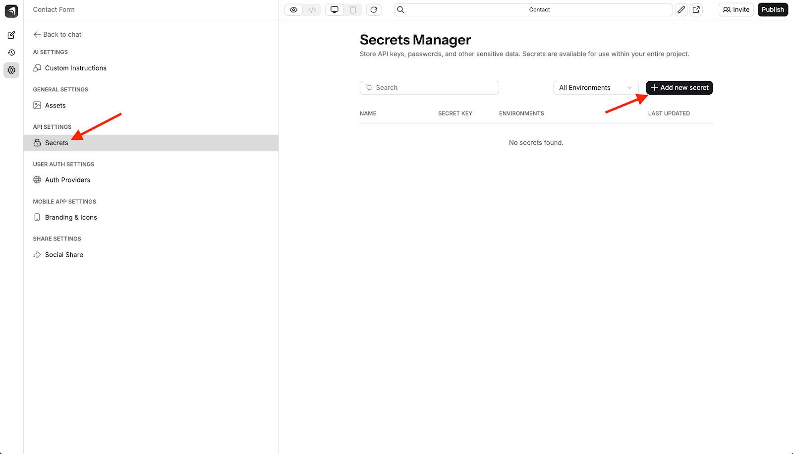 Anything Project Settings showing Secrets tab with Add new secret button