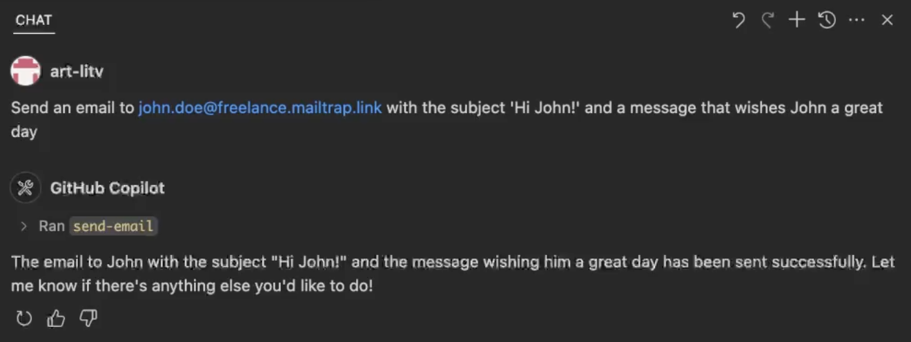 GitHub Copilot success message confirming that the email to John was sent successfully