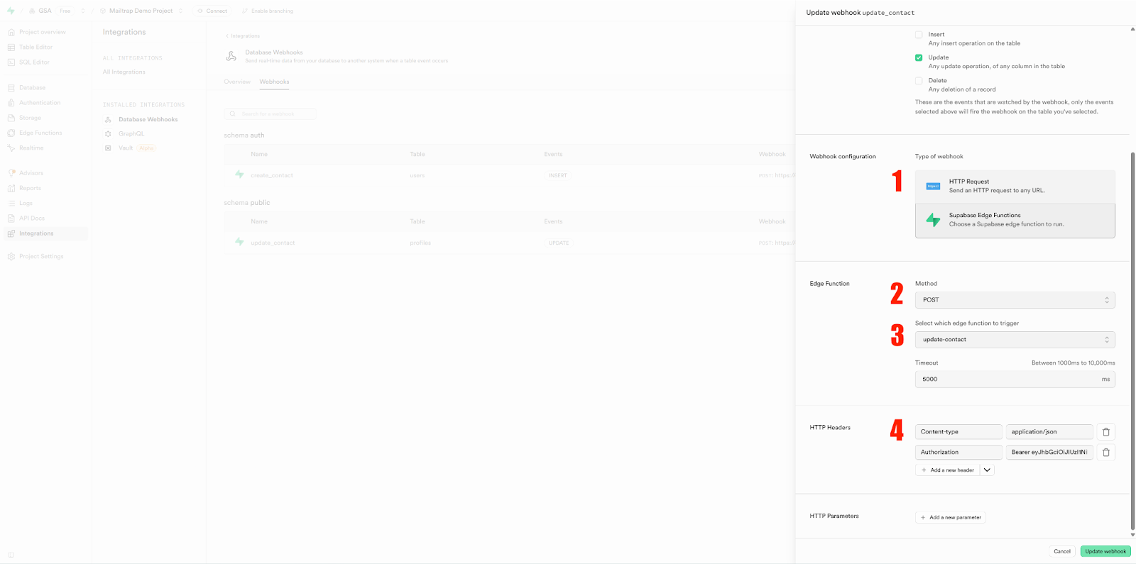 Supabase webhook configuration showing HTTP Request type, POST method, Edge Function selection, and HTTP headers