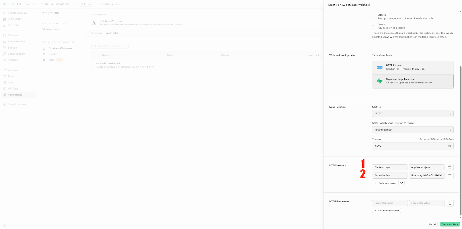 Supabase webhook HTTP headers configuration with Content-type and Authorization fields