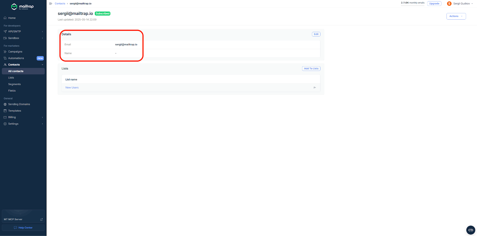 Mailtrap contact detail showing only email field populated