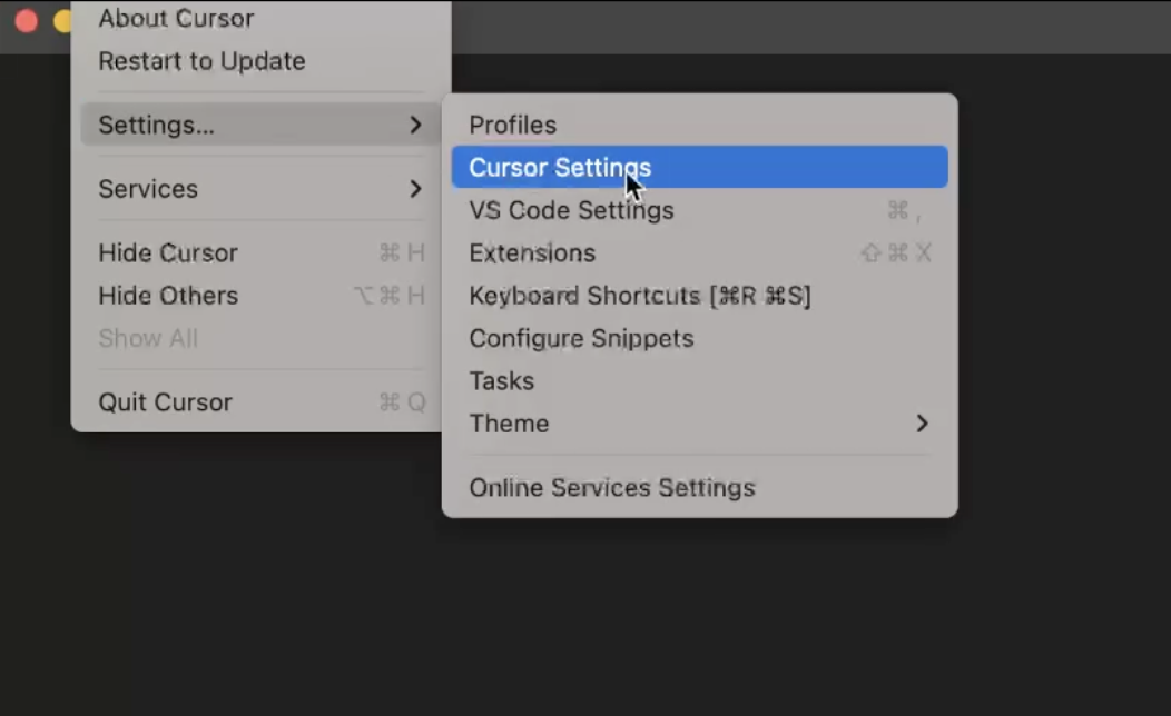 Cursor application menu showing Settings option and Profiles menu