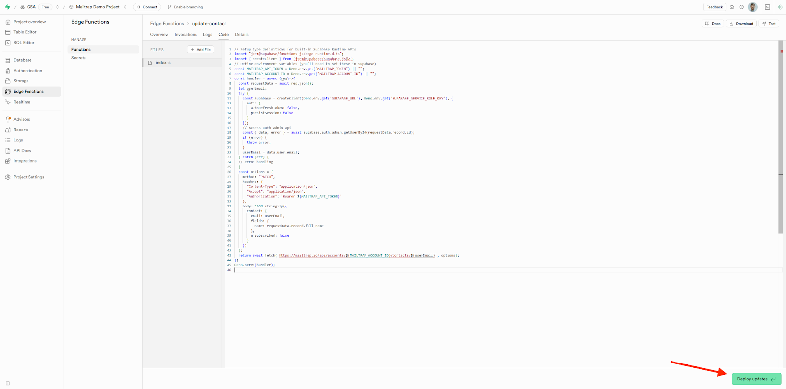 Supabase Edge Function editor with Deploy function button highlighted