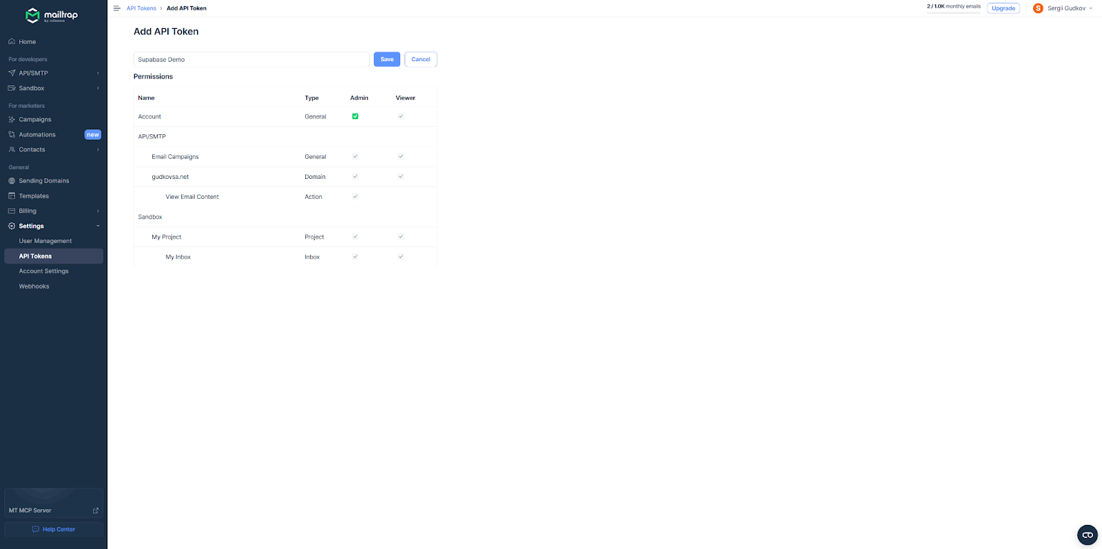 Mailtrap API Token creation dialog with name field and permission checkboxes