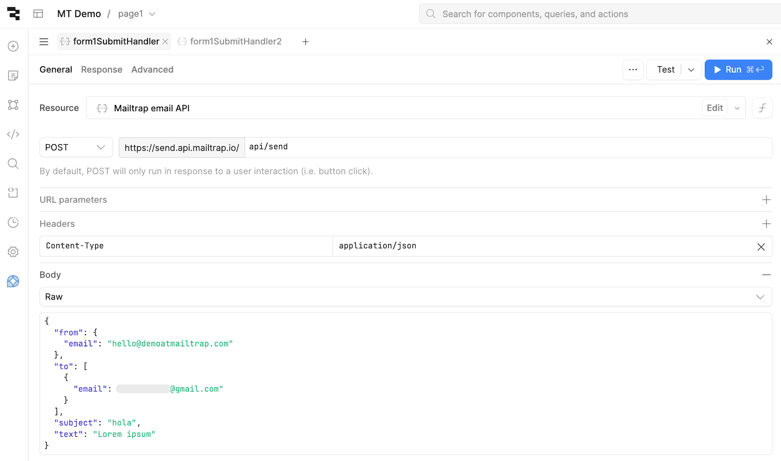 Retool Query editor showing POST request configuration with Mailtrap API endpoint and JSON body