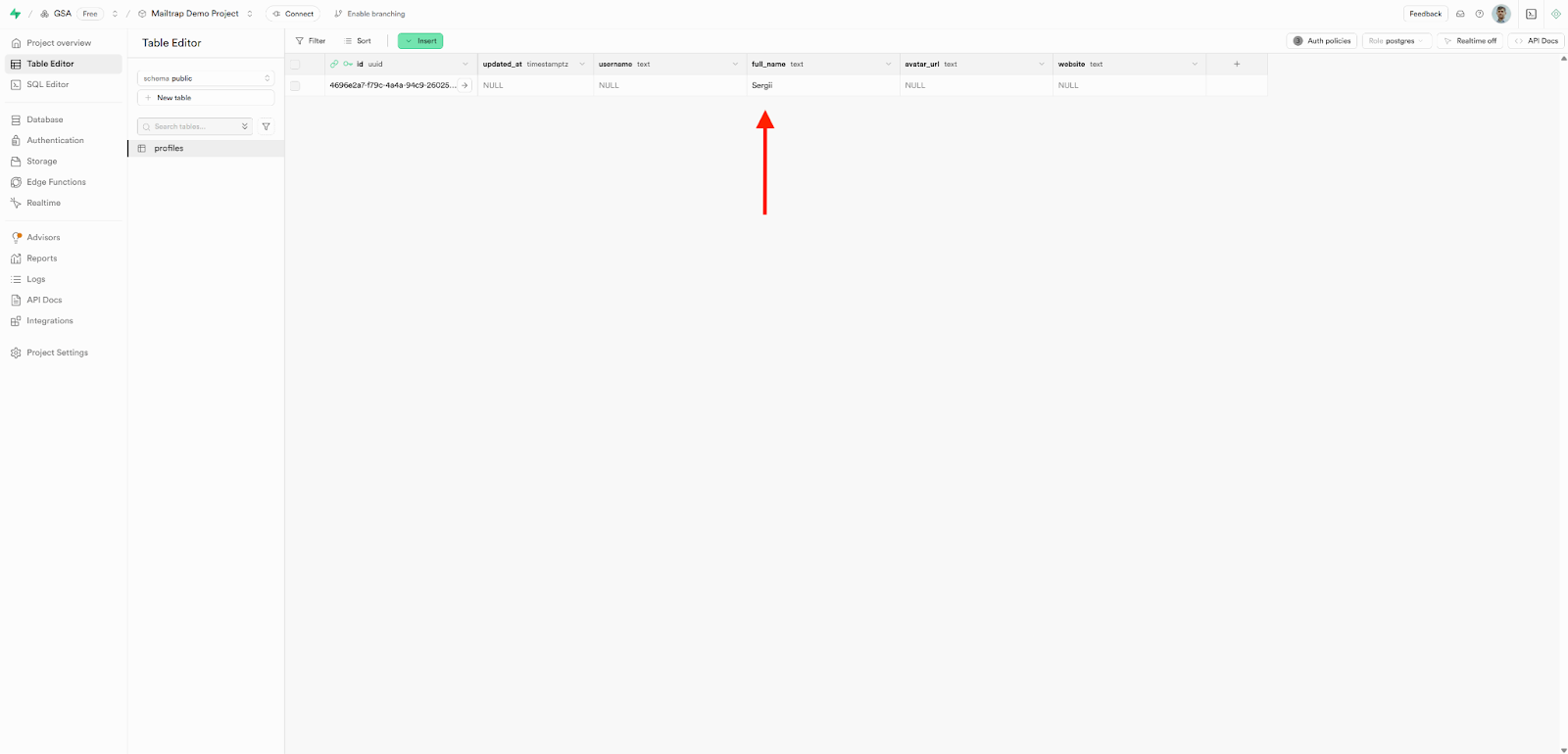 Supabase profiles table showing updated full_name field