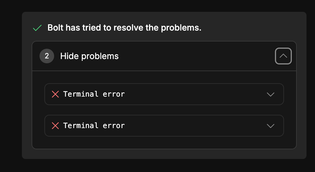 error panel displaying terminal errors with Hide problems option