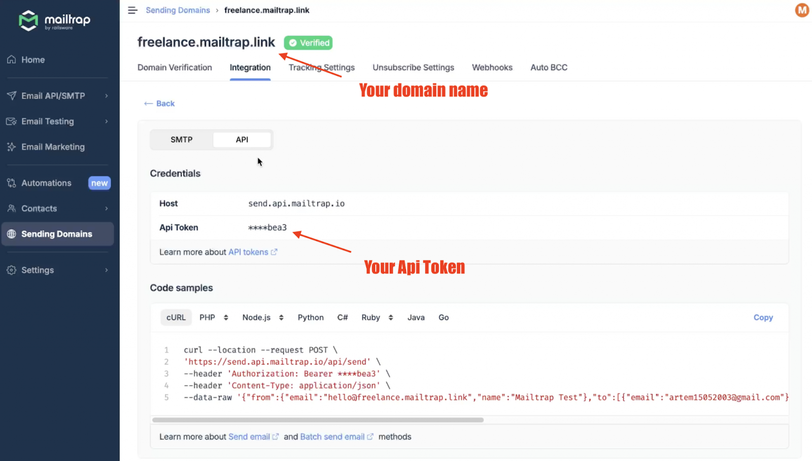 Mailtrap account Integration tab showing sending domain name and API token