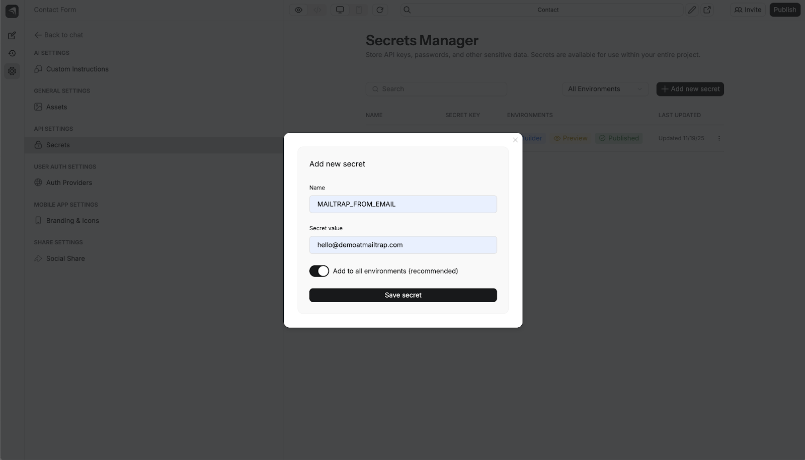 Anything secret configuration showing MAILTRAP_FROM_EMAIL secret