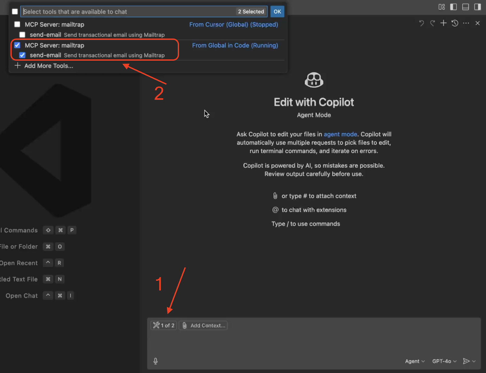VS Code tools selection popup showing available MCP servers with Mailtrap send-email tool selected