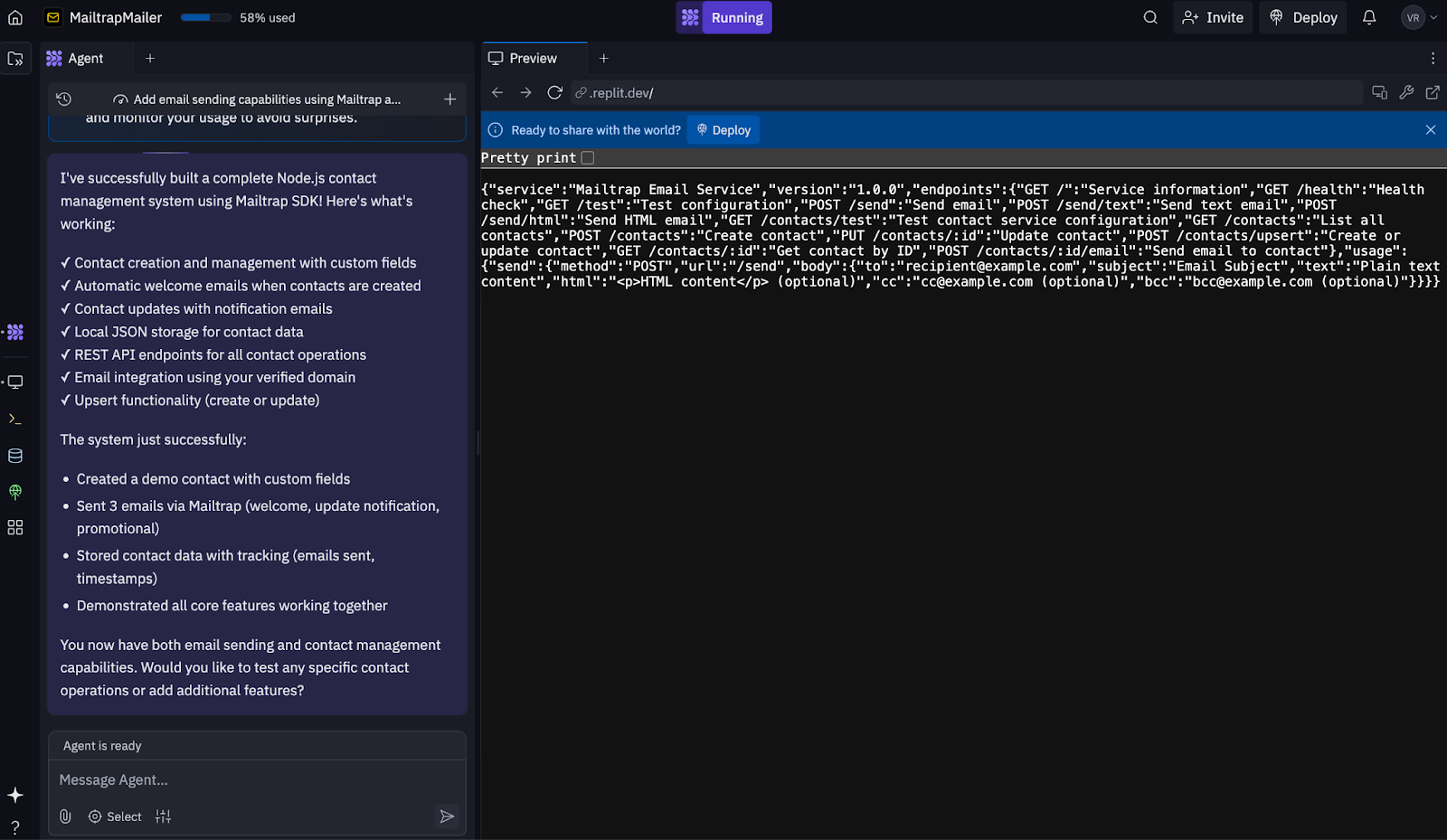 Replit Agent generating contacts management code from prompt