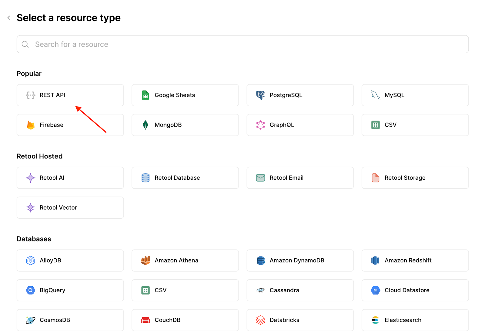 Retool resource type selection showing REST API option