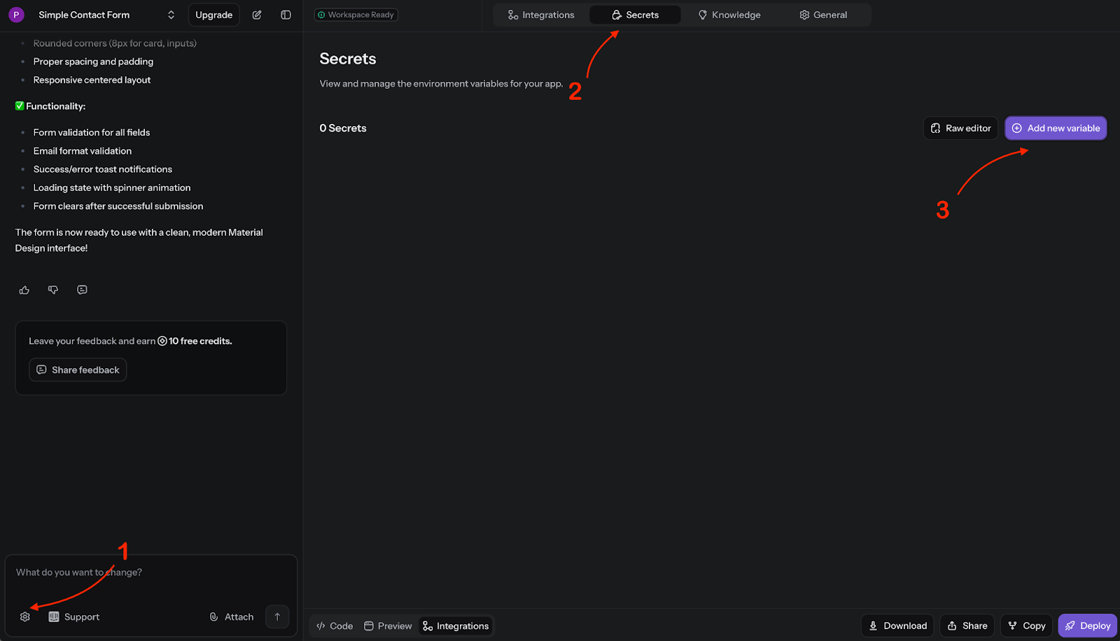 Reflex Build Settings showing Secrets tab with Add new variable button highlighted