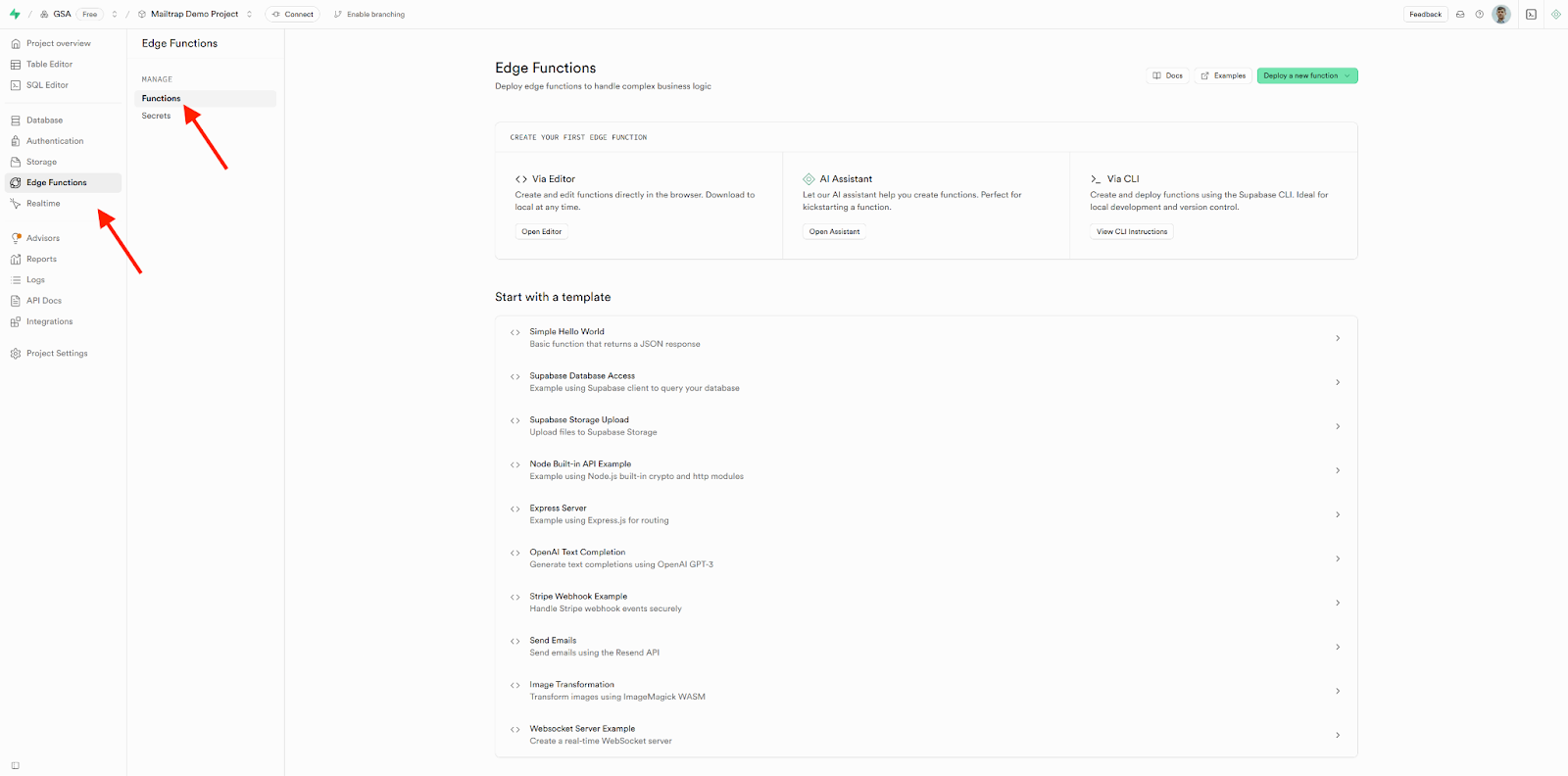 Supabase project dashboard with Edge Functions navigation highlighted in sidebar