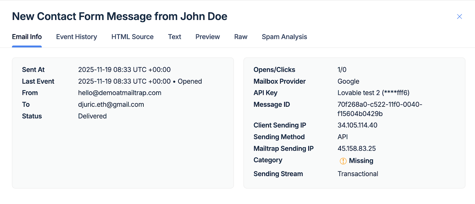 Mailtrap Email Logs showing the sent email details