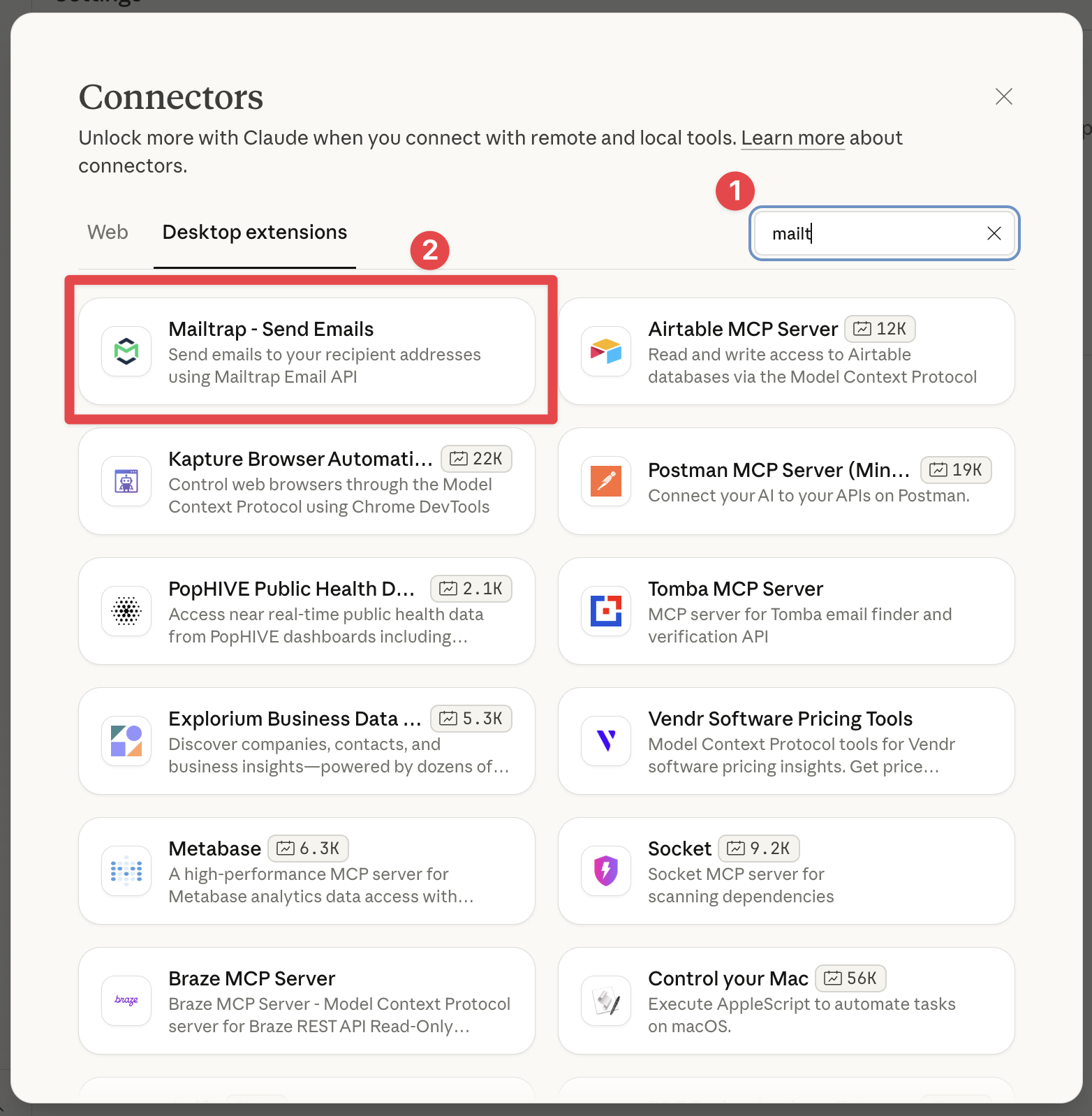 Claude Desktop Connectors catalog showing Mailtrap - Send Emails extension