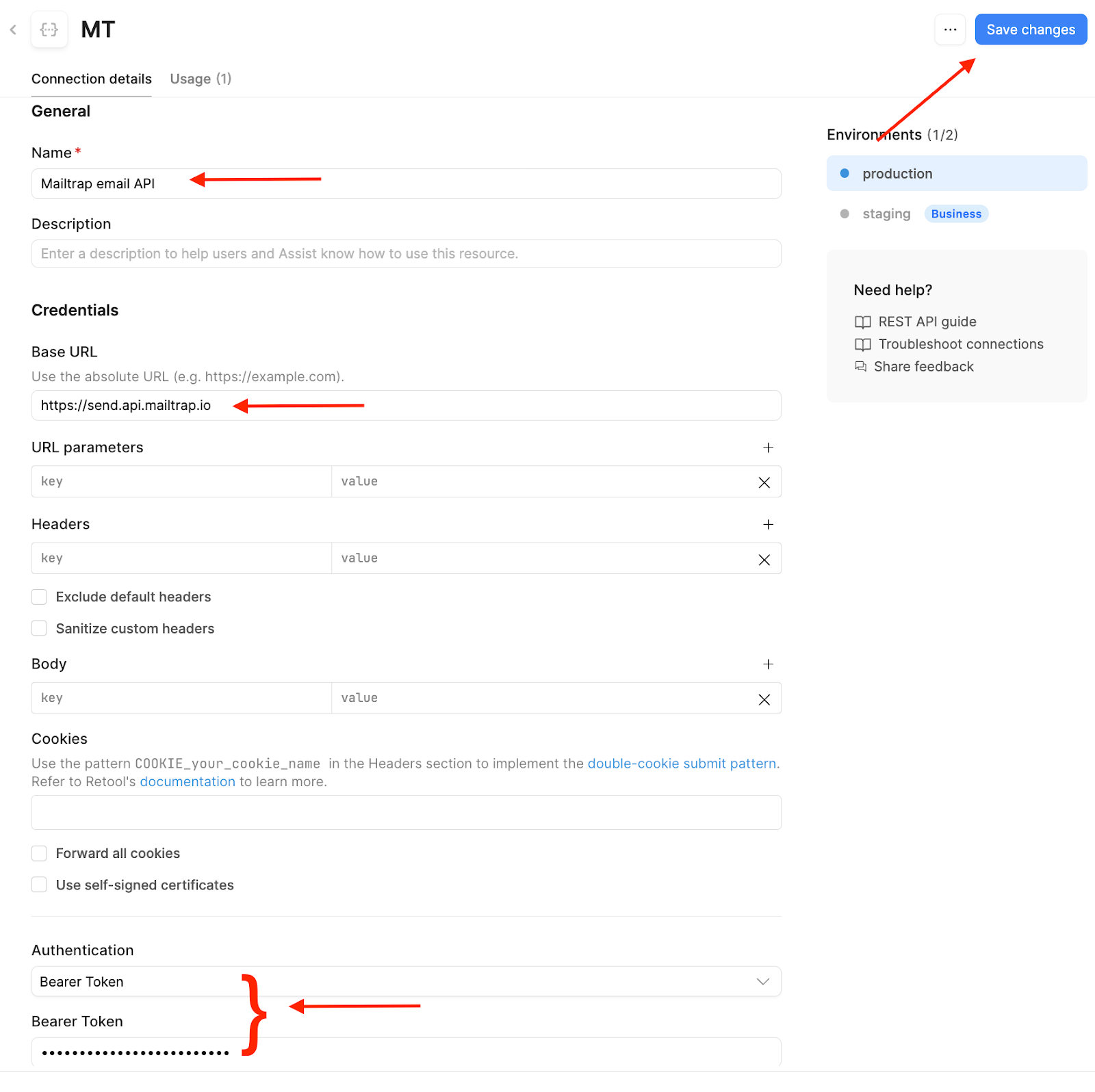 Retool REST API resource configuration with Mailtrap URL and Bearer authentication