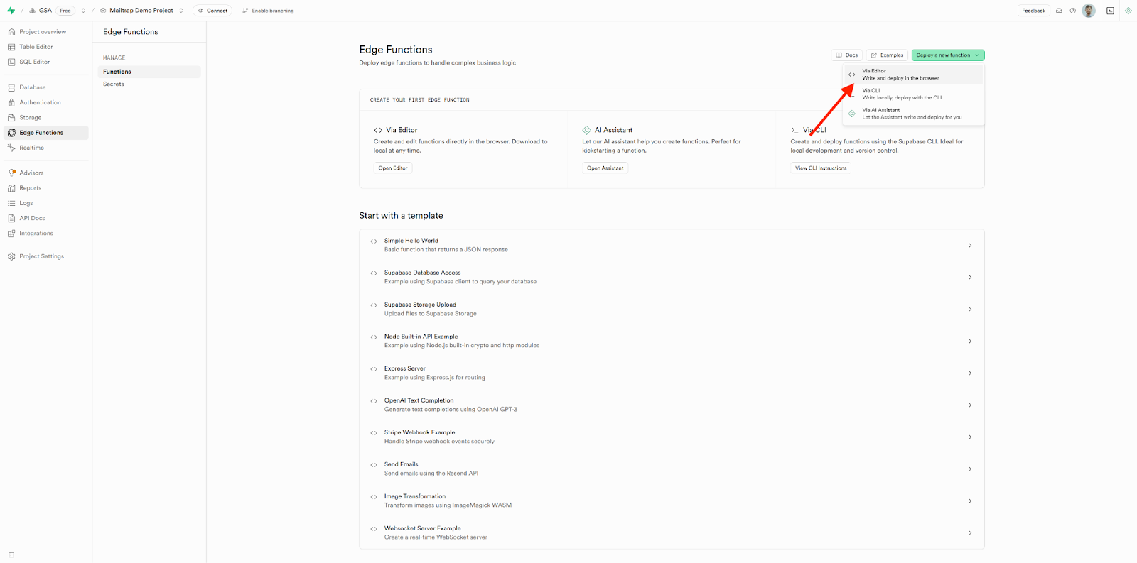Supabase Edge Functions page showing Deploy a new Function button with dropdown menu