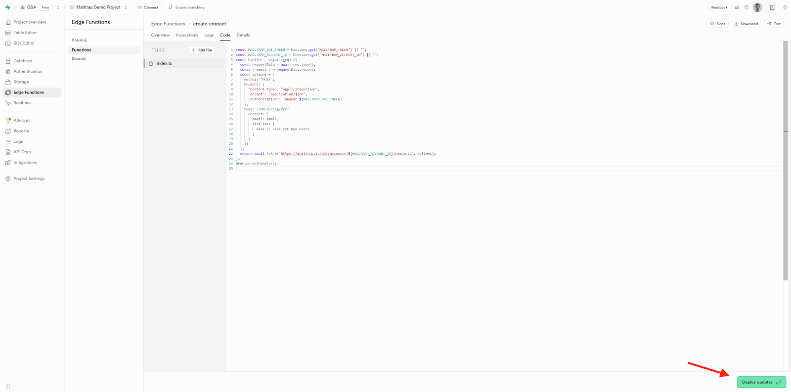 Supabase Edge Function editor with Deploy Function button highlighted
