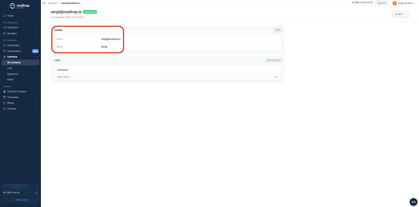 Mailtrap Contacts page showing updated contact with name field now populated
