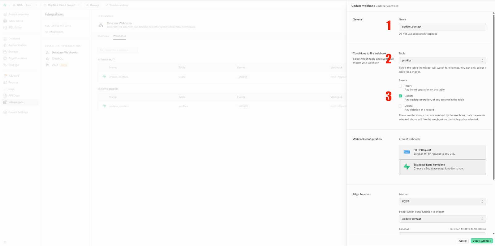 Supabase webhook configuration form showing name set to update_contact, table set to profiles, and Update event checkbox
