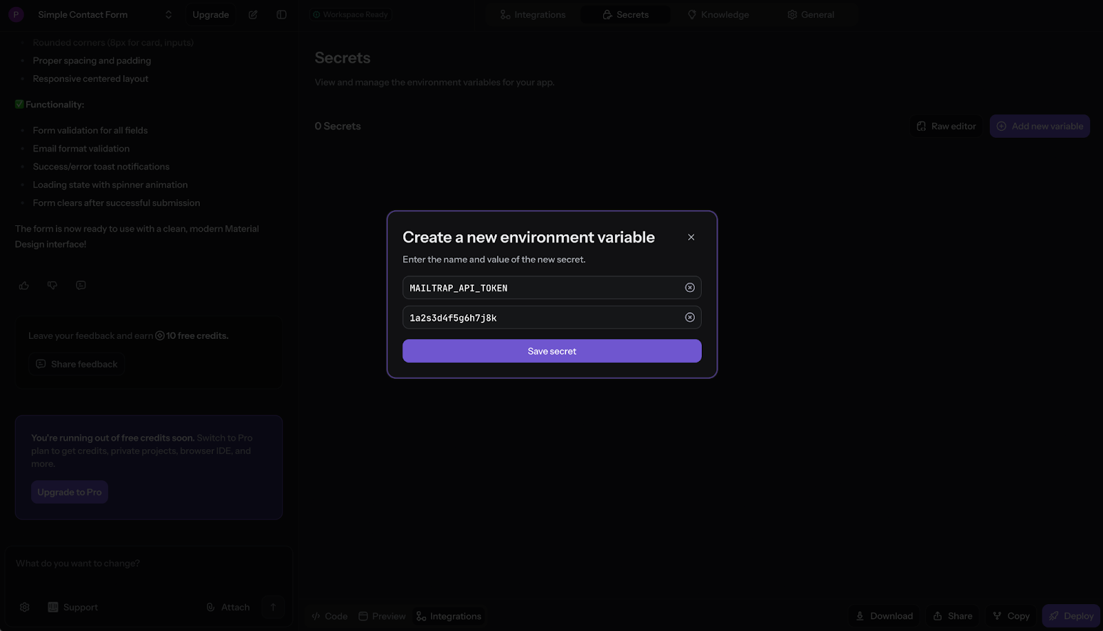 Reflex Build secret configuration showing MAILTRAP_API_TOKEN variable