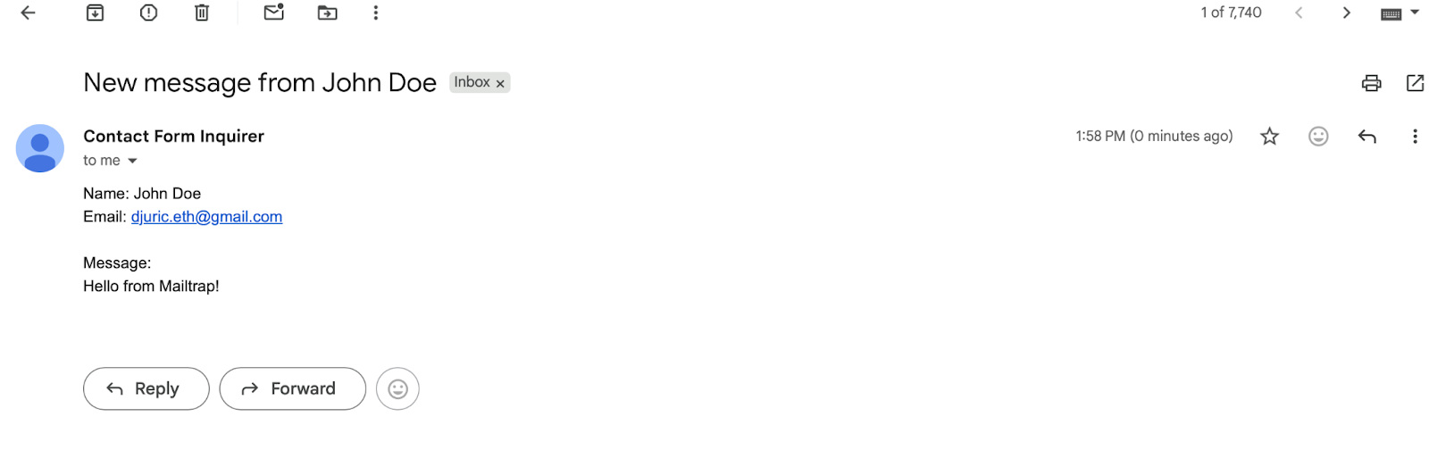 Gmail inbox showing received email from Reflex Build contact form