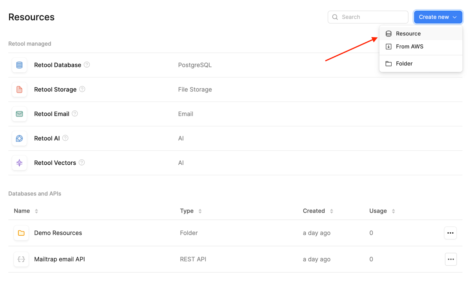 Retool Resources tab showing Create new dropdown with Resource option
