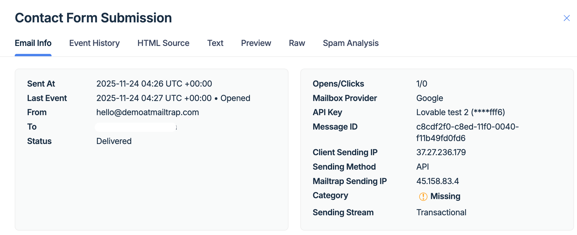 Mailtrap Email Logs showing the sent email details