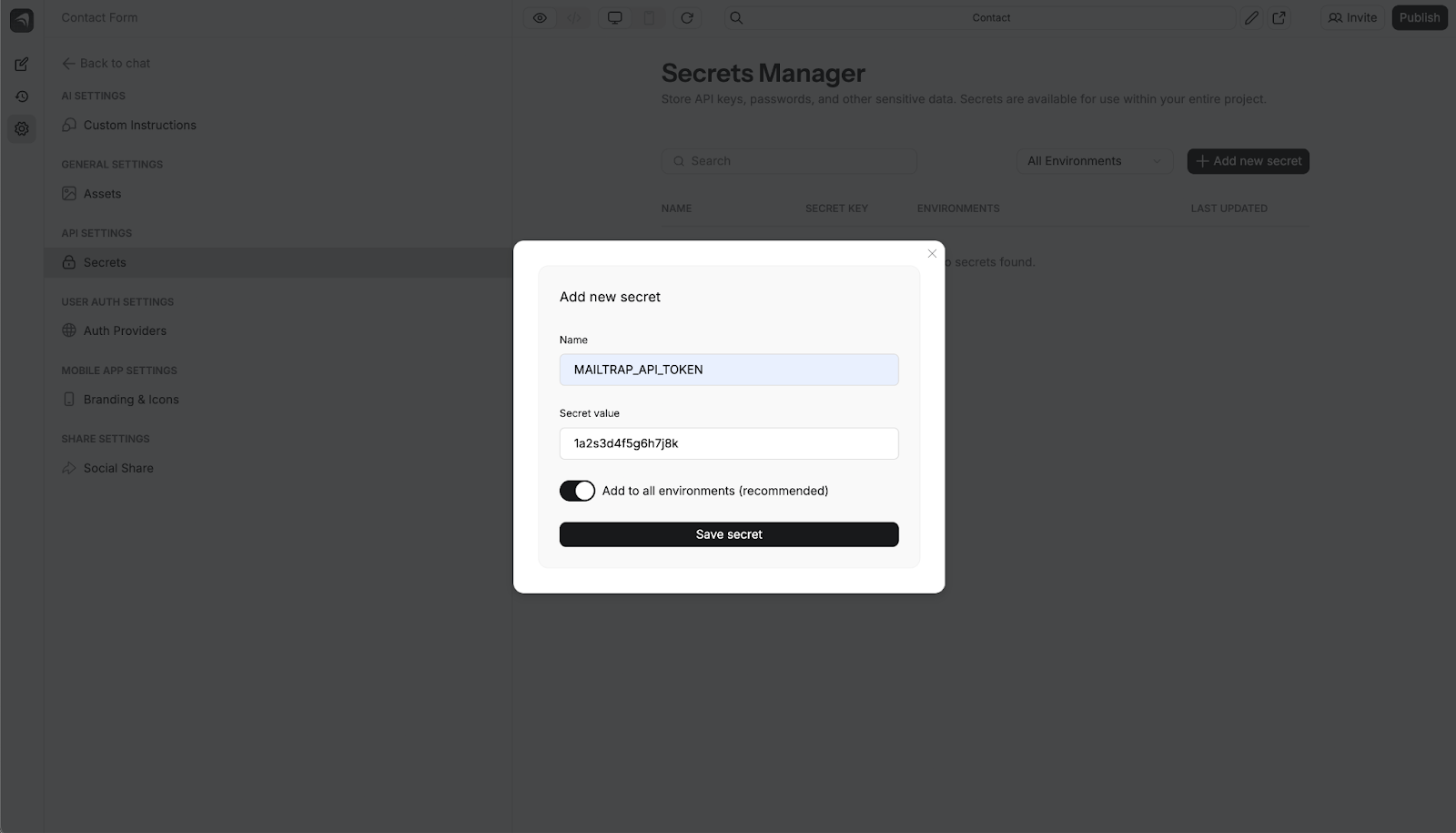 Anything secret configuration showing MAILTRAP_API_TOKEN secret