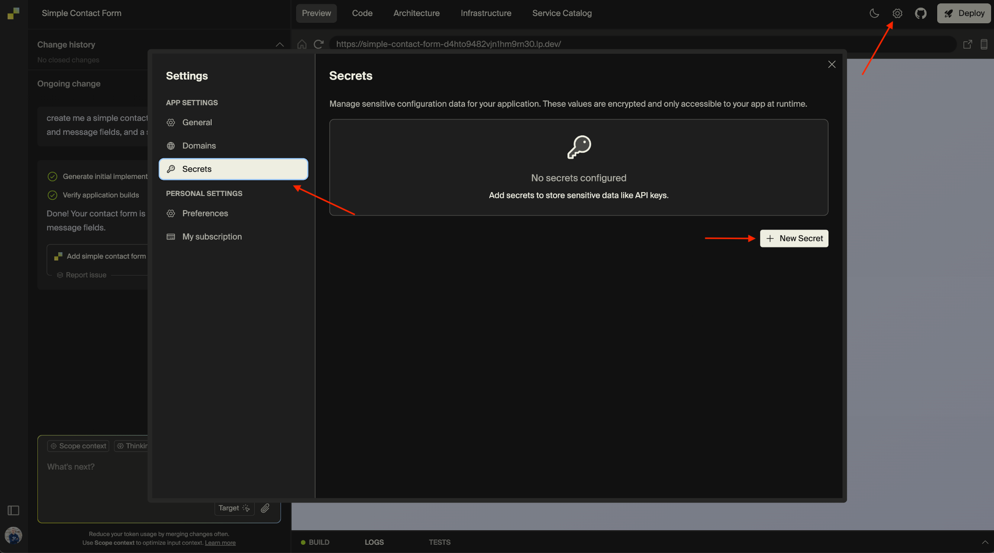 Leap.new Settings showing Secrets configuration with MAILTRAP variables