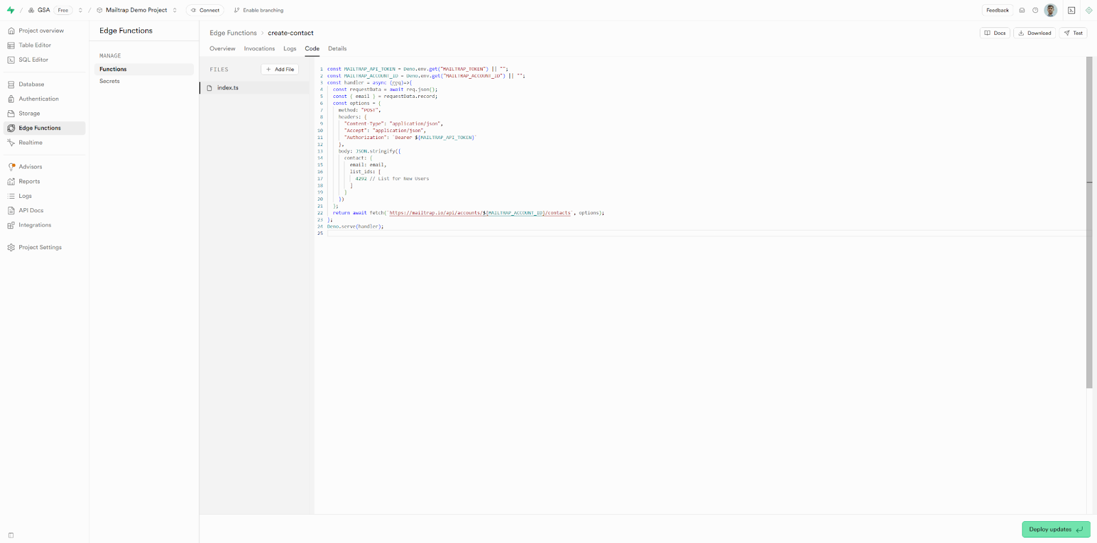 Supabase Edge Function editor showing default function template code