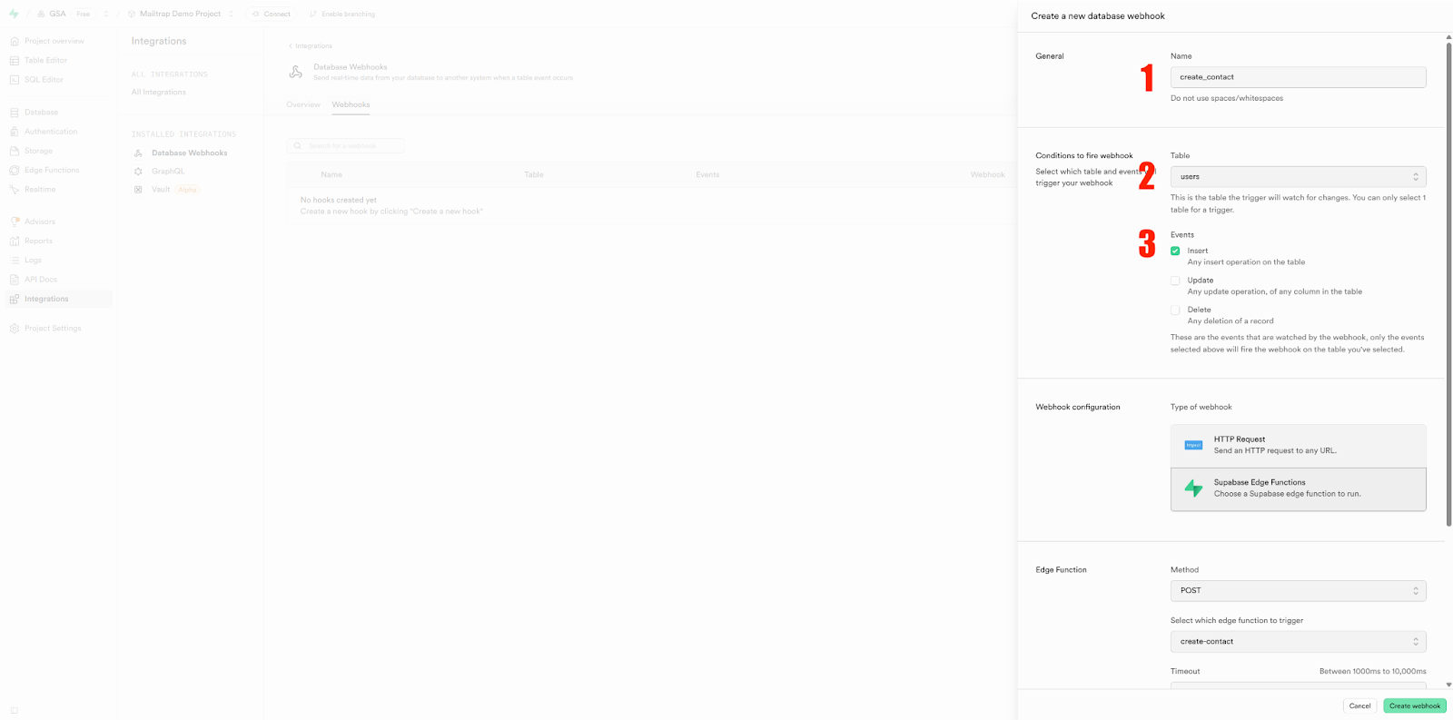 Supabase webhook configuration form showing name, table, and Insert event checkbox