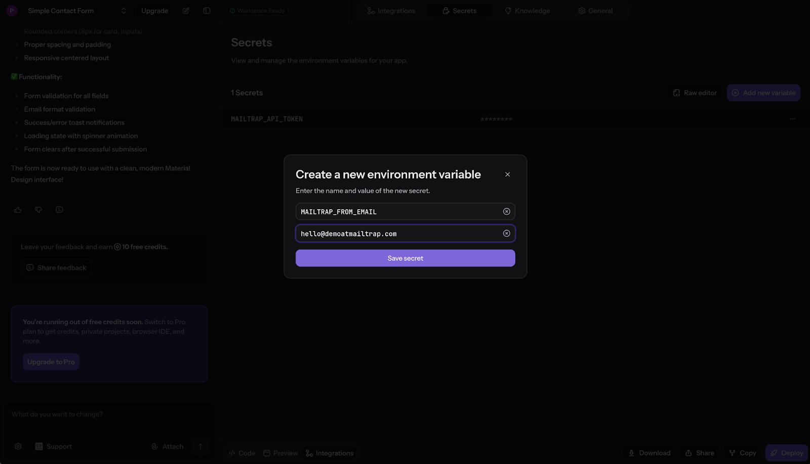 Reflex Build secret configuration showing MAILTRAP_FROM_EMAIL variable