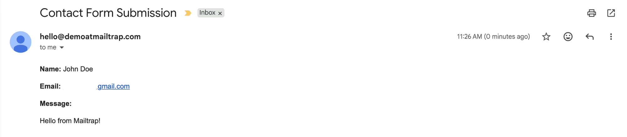 Gmail inbox showing received email from Leap.new contact form